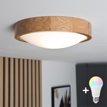Brilagi - LED RGBW Dimmable Ceiling Light CARVALHO SLIM 1xE27/9W/230V 2700–6500K Wi‑Fi Oak, Ø 27 cm