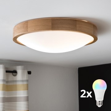 Brilagi - LED RGBW Dimmable Ceiling Light CARVALHO SLIM 2xE27/15W/230V 2700–6500K Wi-Fi oak Ø37 cm