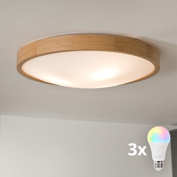 Brilagi - LED RGBW Dimmable Ceiling Light CARVALHO SLIM 3xE27/15W/230V 2700–6500K Wi‑Fi, Oak, Ø 47 cm