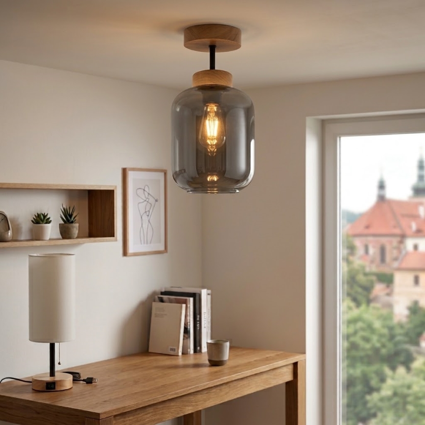 BRILAGI - LED Surface-mounted ceiling light RETRO GLASS 1xE27/60W/230V Ø 14 cm oak/smoke grey
