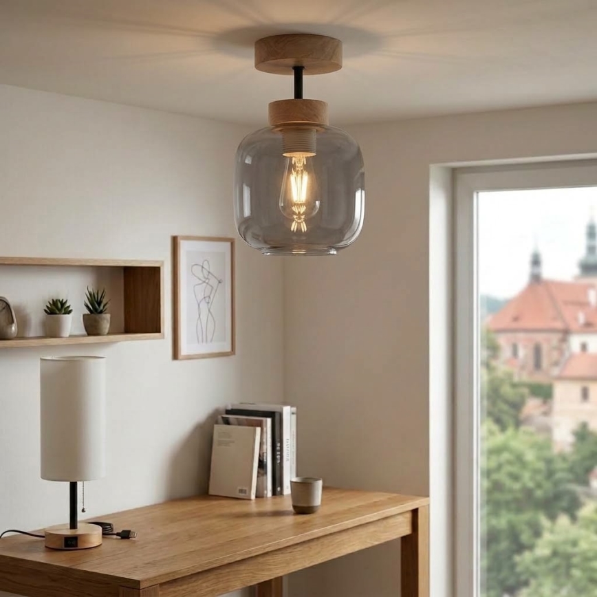 BRILAGI - LED Surface-mounted ceiling light RETRO GLASS 1xE27/60W/230V Ø 14 cm oak/smoke grey