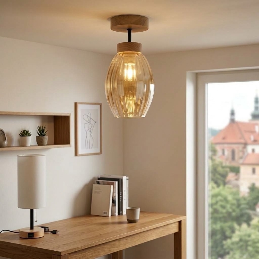BRILAGI - LED Surface-mounted ceiling light RETRO GLASS 1xE27/60W/230V Ø 17 cm oak/smoky beige