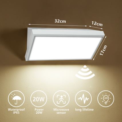 Brilagi - TRIANGLE LED/20W/230V Outdoor Wall Light with Sensor, White, IP65