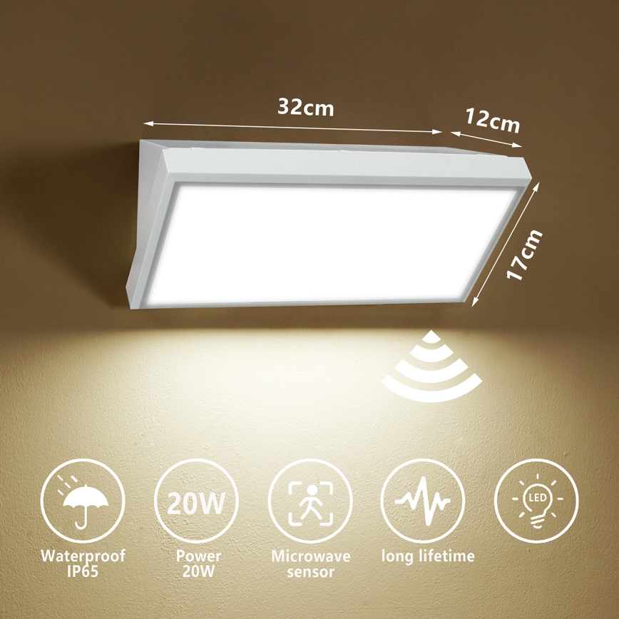 Brilagi - TRIANGLE LED/20W/230V Outdoor Wall Light with Sensor, White, IP65