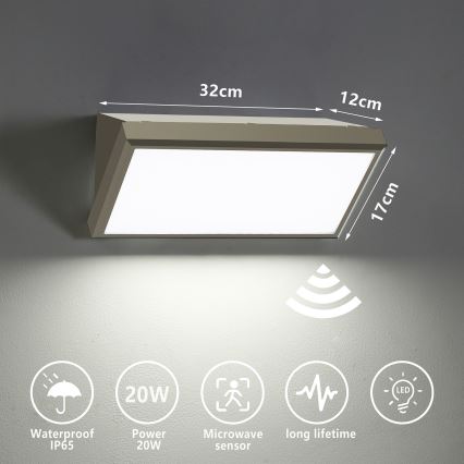 Brilagi - LED Outdoor Wall Light with Sensor TRIANGLE LED/20W/230V Grey IP65