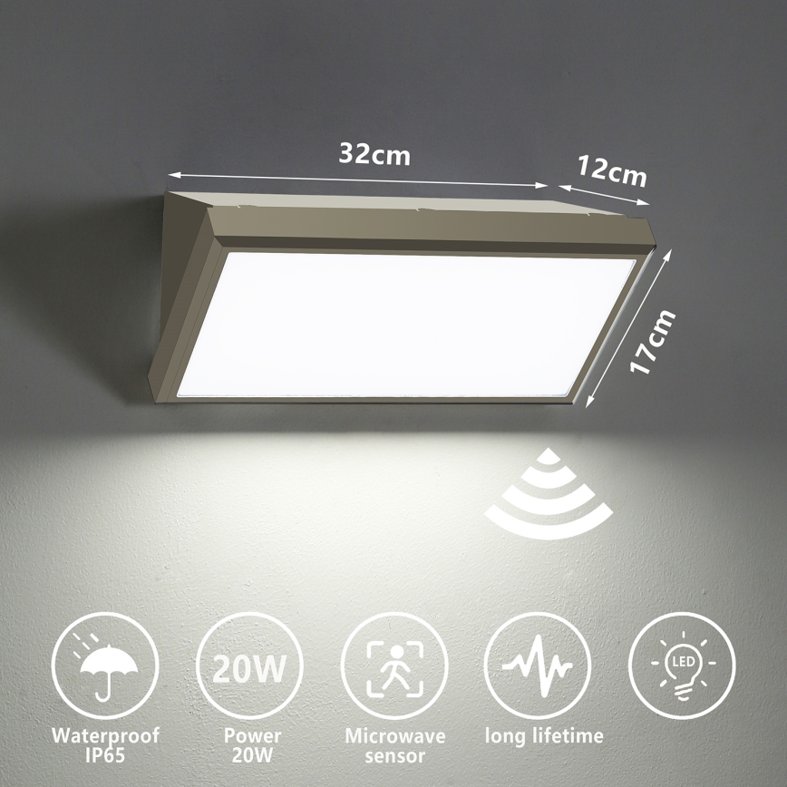 Brilagi - LED Outdoor Wall Light with Sensor TRIANGLE LED/20W/230V Grey IP65