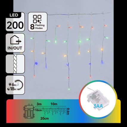 BRILAGI - LED Outdoor Christmas String Lights 200xLED/3xAA/8 functions 13x0,6m IP44 multicolor