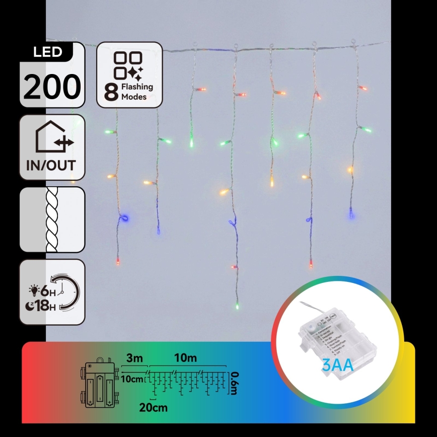 BRILAGI - LED Outdoor Christmas String Lights 200xLED/3xAA/8 functions 13x0,6m IP44 multicolor