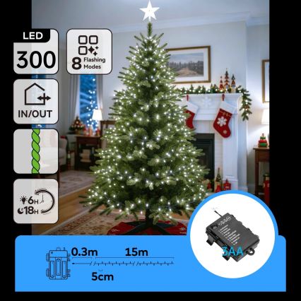 BRILAGI - LED Outdoor Christmas String Lights 300 LEDs/3xAA/8 lighting modes 15.3 m IP44 cool white