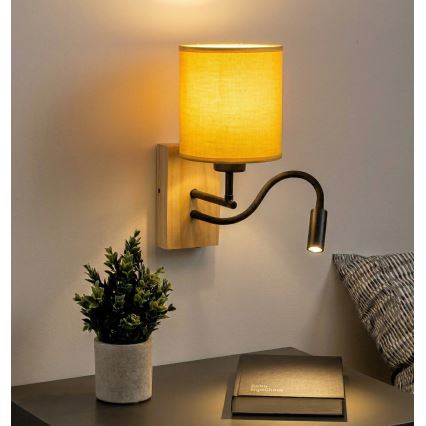 Brilagi - LED Flexible Wall Lamp NUBILA WOOD 1xE27/25W/230V + LED/3W oak/black/yellow