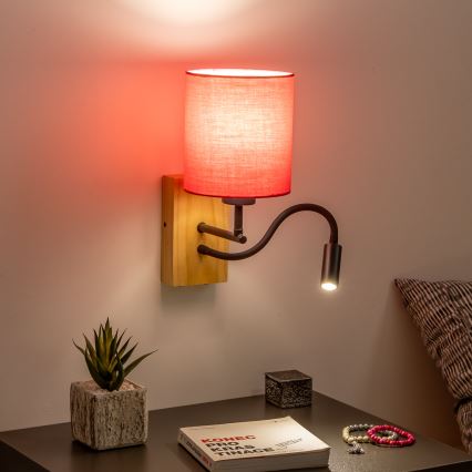 Brilagi - LED Flexible wall lamp NUBILA WOOD 1xE27/25W/230V + LED/3W oak/pink