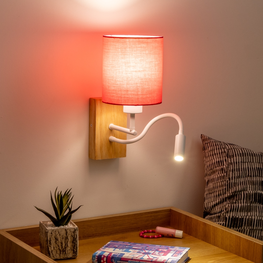 Brilagi - LED Flexible wall lamp NUBILA WOOD 1xE27/25W/230V + LED/3W oak/pink