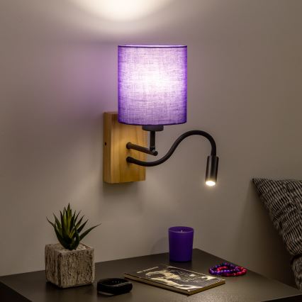 Brilagi - LED Flexible wall lamp NUBILA WOOD 1xE27/25W/230V + LED/3W oak/purple