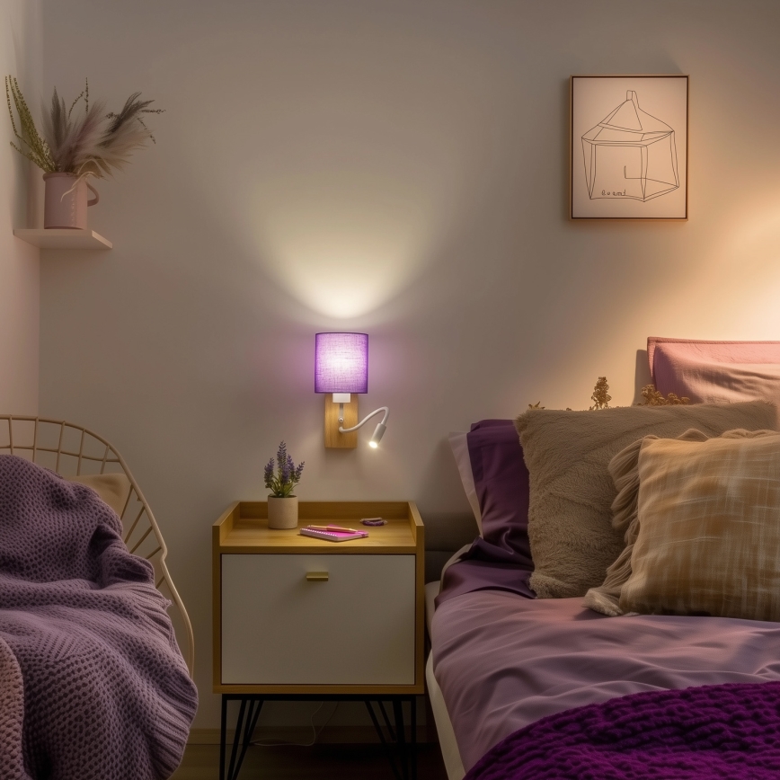 Brilagi - LED Flexible wall lamp NUBILA WOOD 1xE27/25W/230V + LED/3W oak/purple