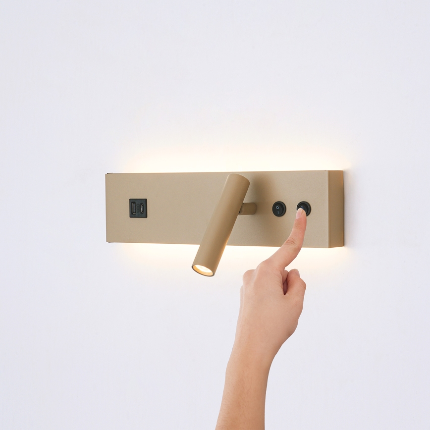 Brilagi - NOCTIS LED wall-mounted spotlight with USB port, LED/3W/230V + LED/9W, beige