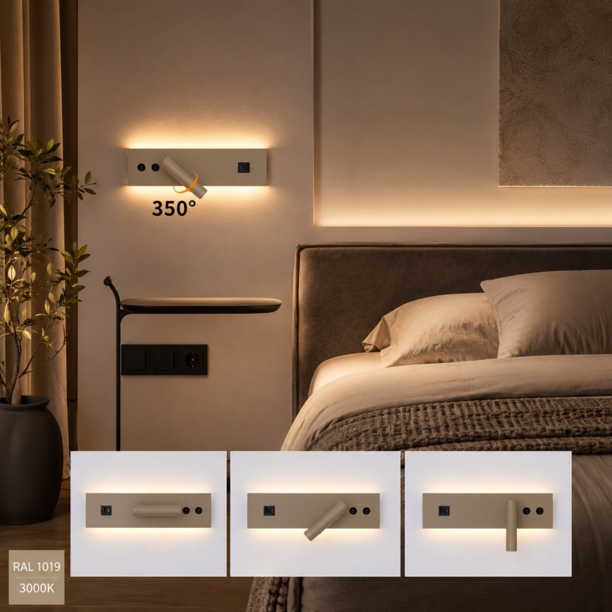 Brilagi - NOCTIS LED wall-mounted spotlight with USB port, LED/3W/230V + LED/9W, beige