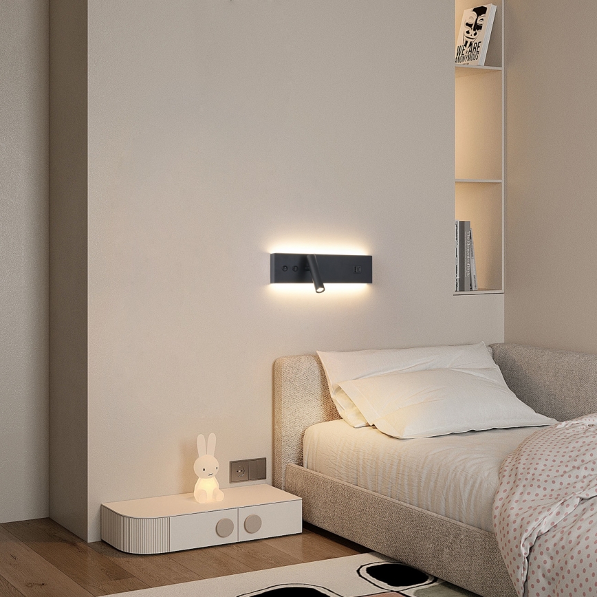 Brilagi - NOCTIS LED Wall-Mounted Spotlight with USB Port LED/3W/230V + LED/9W, Black