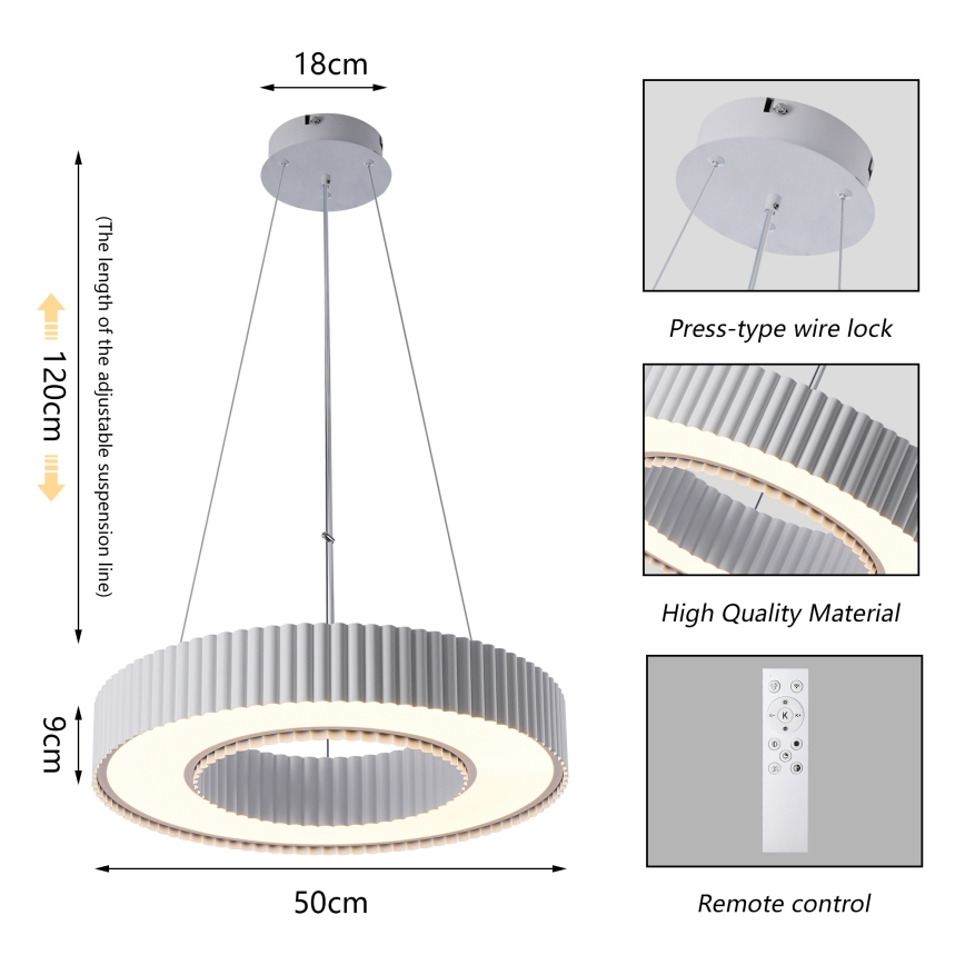 Brilagi - LUMIX Dimmable LED Pendant on Cable LED/48W/230V 3000–6000K White Ø 50 cm + Remote Control