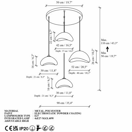 Brilagi - LUNA Cable Pendant Light 4xE27/40W/230V Ø 90 cm White