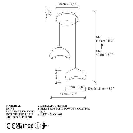 Brilagi - LUNA cable-suspended pendant light 2xE27/40W/230V, Ø 45 cm, white