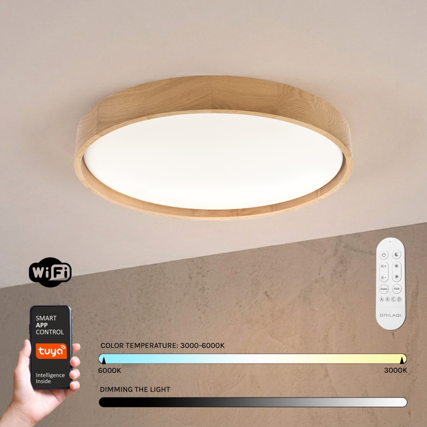 Brilagi - Dimmable LED Ceiling Light MANAROLA SMART LED/36W/230V 3000–6000K Wi-Fi Tuya Beacon Ø 51 cm Oak + Remote Control