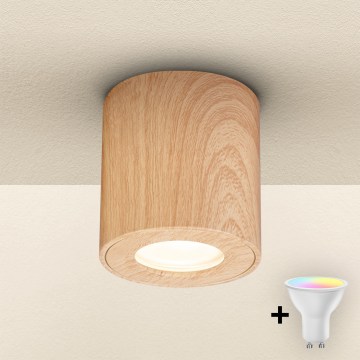 Brilagi - MIA LED RGBW Dimmable Bathroom Light 1xGU10/4,8W/230V 3000K 84x80 mm Oak Finish IP44 + Remote Control