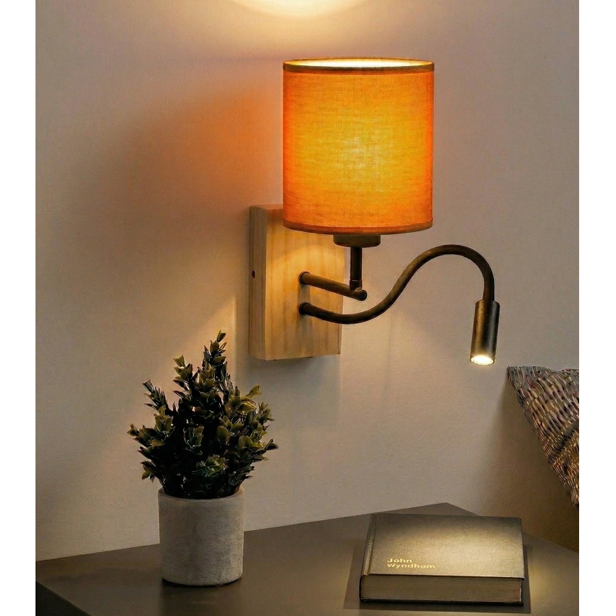 Brilagi - NUBILA WOOD LED Flexible Wall Light 1xE27/25W/230V + LED/3W oak/black/orange