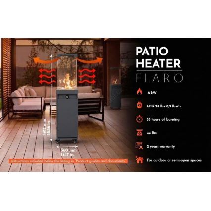 Brilagi - FLARO GAS Outdoor Gas Fireplace 142x36 cm 8 kW 1x AAA Black + Protective Cover