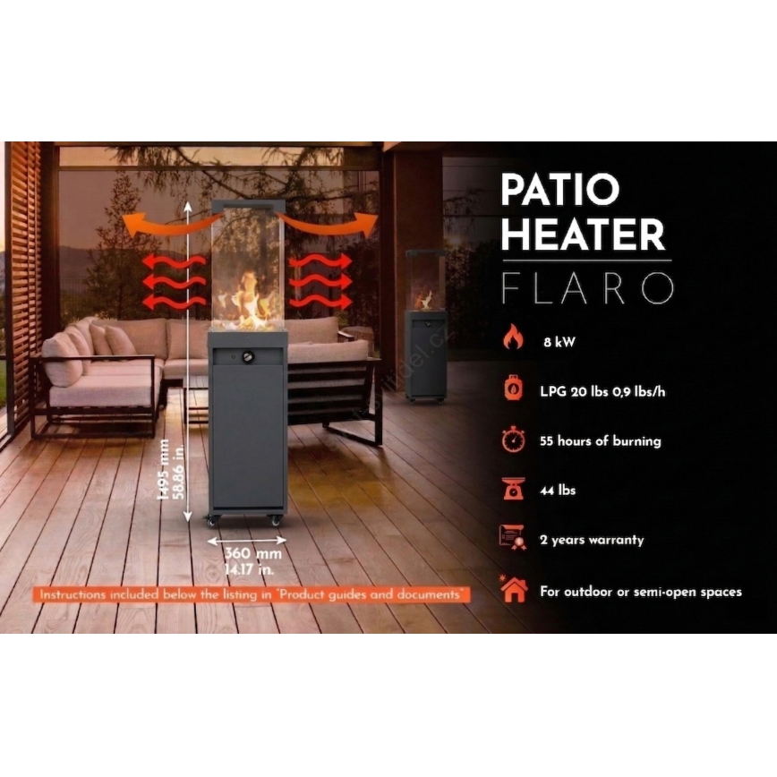 Brilagi - FLARO GAS Outdoor Gas Fireplace 142x36 cm 8 kW 1x AAA Black + Protective Cover