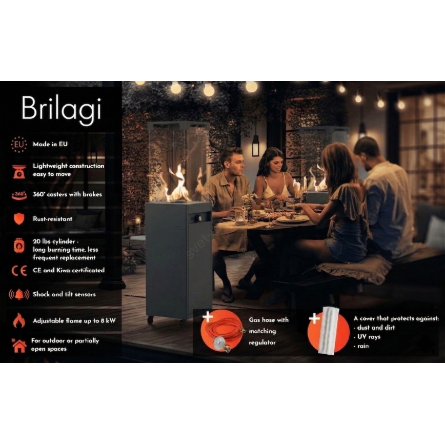 Brilagi - FLARO GAS Outdoor Gas Fireplace 142x36 cm 8 kW 1x AAA Black + Protective Cover