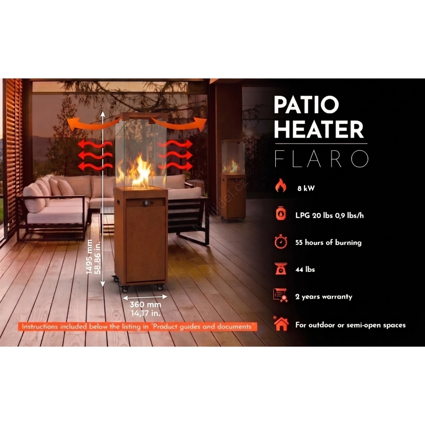 BRILAGI - Outdoor gas fireplace FLARO GAS 142x36 cm 8kW 1xAAA rust/brown + protective cover