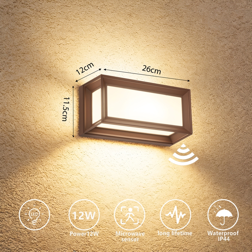 Brilagi - PARKER LED/12W/230V Outdoor Wall Light with Sensor, Brown, IP44