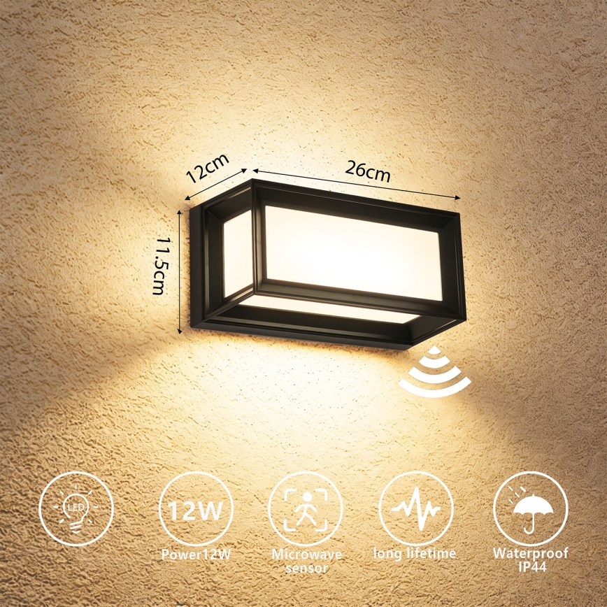 Brilagi - LED Outdoor Wall Light with Sensor PARKER LED/12W/230V black IP44