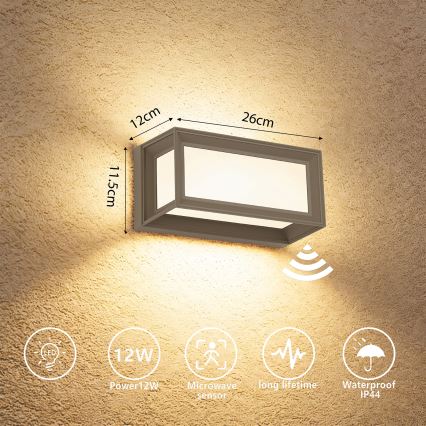 Brilagi - PARKER LED Outdoor Wall Light with Sensor, 12W/230V, Grey, IP44