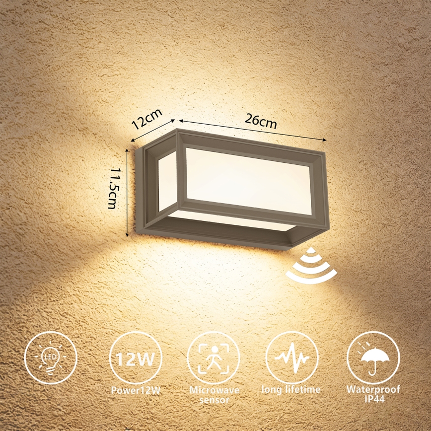 Brilagi - PARKER LED Outdoor Wall Light with Sensor, 12W/230V, Grey, IP44