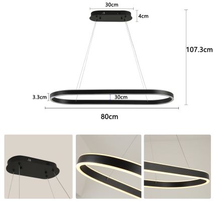 Brilagi - PONDIE LED Cable Pendant Lamp, 43W/230V, 80x30 cm, Black