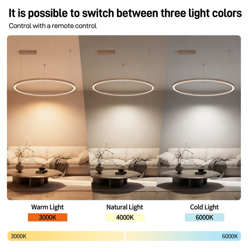 Brilagi - PORTOFINO Cable-Suspended Dimmable LED Pendant, 60W, 230V, 3000–6000K, Ø80 cm, Beige + Remote Control