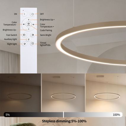 Brilagi - PORTOFINO Cable-Suspended Dimmable LED Pendant, 60W, 230V, 3000–6000K, Ø80 cm, Beige + Remote Control