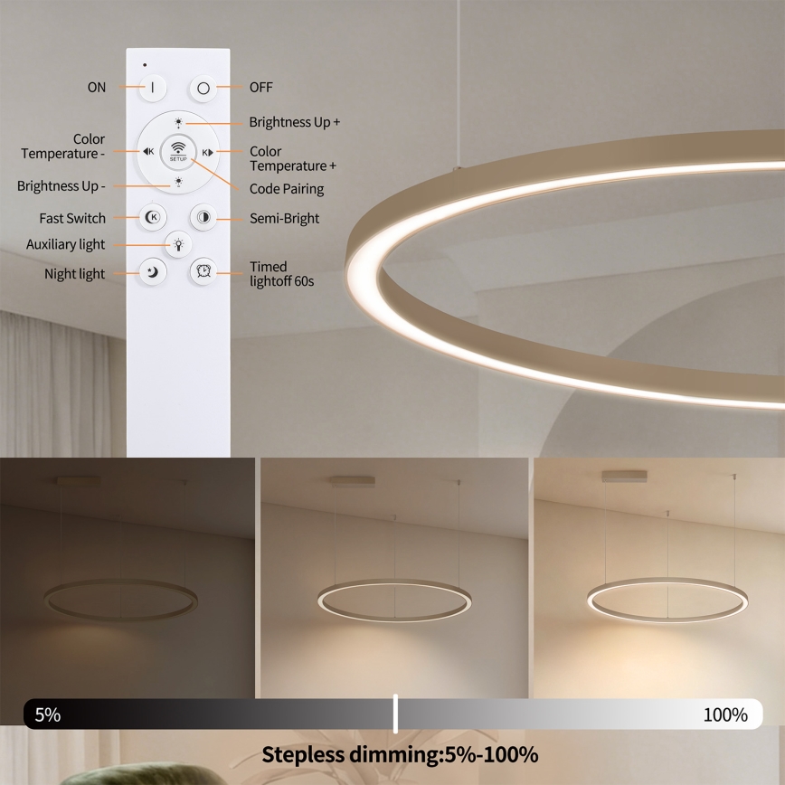 Brilagi - PORTOFINO Cable-Suspended Dimmable LED Pendant, 60W, 230V, 3000–6000K, Ø80 cm, Beige + Remote Control