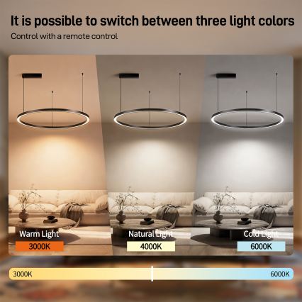 Brilagi - PORTOFINO Dimmable LED Cable-Suspended Pendant Light LED/60W/230V 3000–6000K Ø 80 cm Black + Remote Control