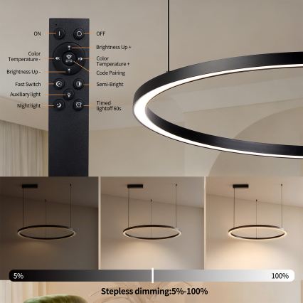 Brilagi - PORTOFINO Dimmable LED Cable-Suspended Pendant Light LED/60W/230V 3000–6000K Ø 80 cm Black + Remote Control