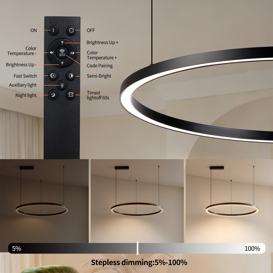 Brilagi - PORTOFINO Dimmable LED Cable-Suspended Pendant Light LED/60W/230V 3000–6000K Ø 80 cm Black + Remote Control