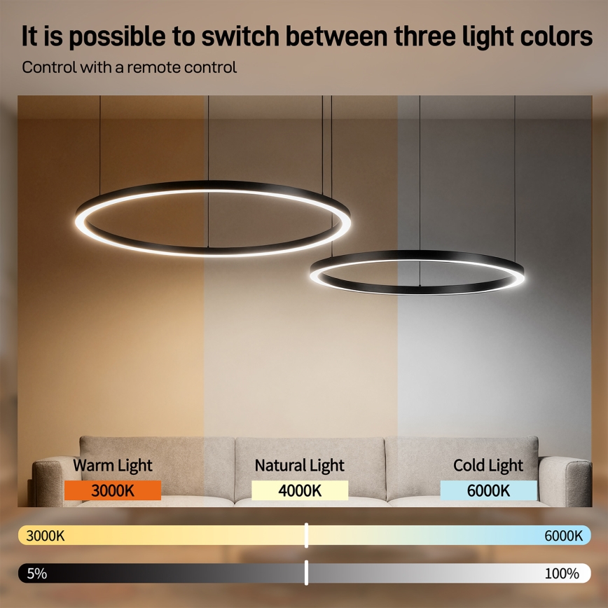 Brilagi - LED Dimmable Cable Pendant Lamp PORTOFINO LED/98W/230V 3000-6000K Black + Remote Control