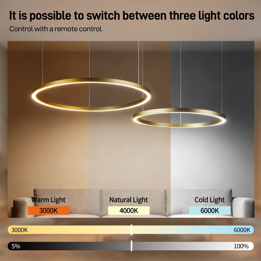 Brilagi - Dimmable LED cable-suspended pendant PORTOFINO LED/98W/230V 3000-6000K gold + remote control