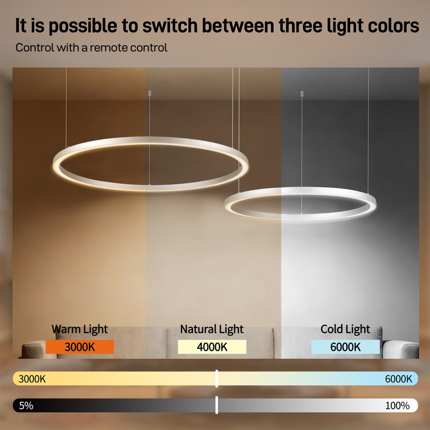 Brilagi - Dimmable LED pendant lamp on cable PORTOFINO LED/98W/230V 3000-6000K silver + remote control
