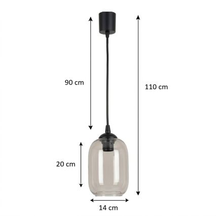 BRILAGI - RETRO GLASS LED Pendant on Cable, 1×E27 (max. 60W) 230V, Ø14 cm, Black/Smoked Grey