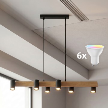 BRILAGI - SELE LED RGBW Dimmable Cable Pendant 6x GU10/6.5W/230V 2700-6500K Black/Oak Decor + Remote Control