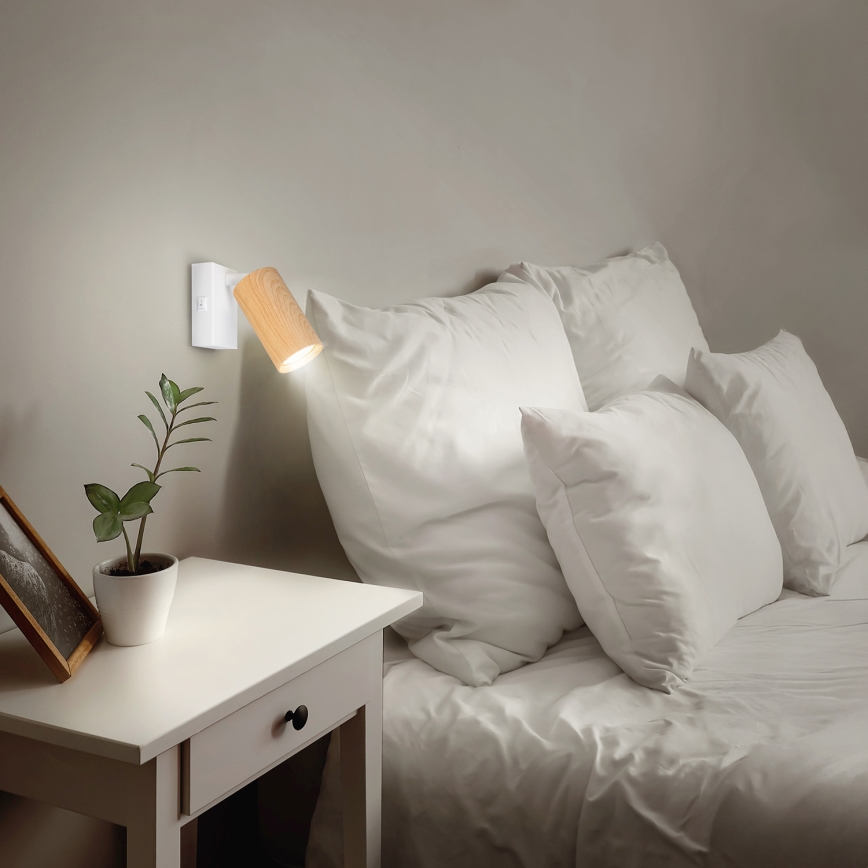 BRILAGI - SELE wall spotlight with switch, 1x GU10, 30W, 230V, white/oak decor