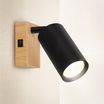 Brilagi - SELE Wall Spotlight with Switch 1x GU10/30W/230V, Black/Oak Finish