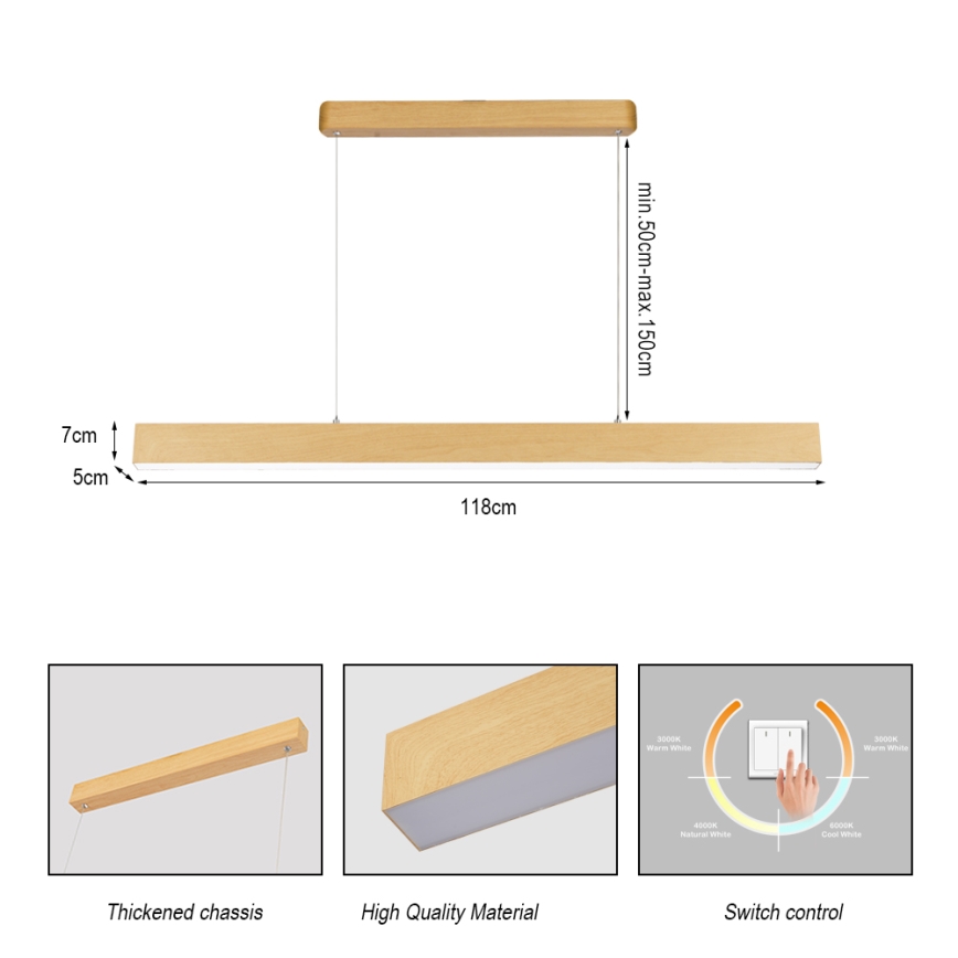 Brilagi - SLEEKLINE Cable-Suspended LED Pendant, 40W, 230V, 3000/4500/6000K, Oak Finish